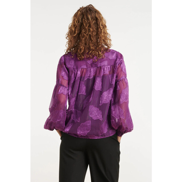 Smashed Lemon 24698 paarse chiffon jacquard v-hals top met bladmotief 24698-380-XXL large