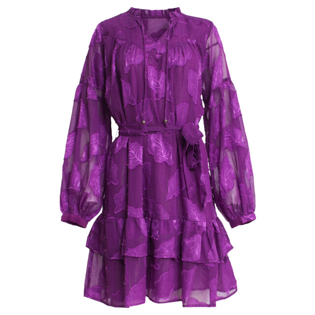 Smashed Lemon 24697 paarse chiffon jacquard v-hals jurk met bladmotief 24697-380-4XL large