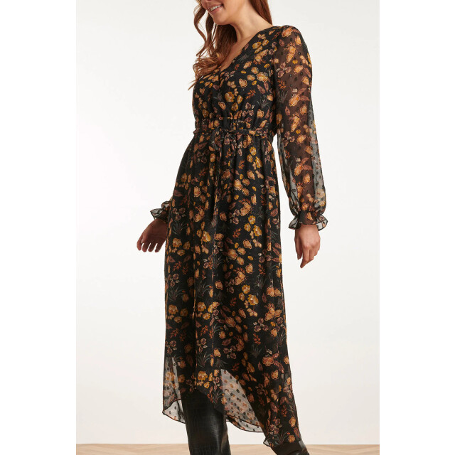 Smashed Lemon 23710-999-240 v-hals jurk met bloemenprint-mosterd | 23710-999-240 large