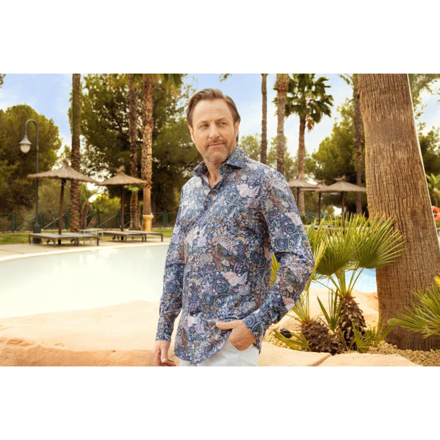 Circle of Gentlemen Mojiz linnenhemd print multicolor blauw/grijs 242-20047-583- large
