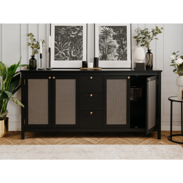 CaliCosy Buffet 4 deuren en 3 laden zwart en riet l180 cm krakow 2930694 large
