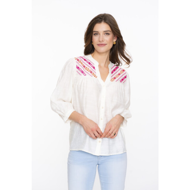 Geisha blouse embroidery at yoke 3/4 sl 53401-14 10 off-white/fuchsia 06615.540.0003 large