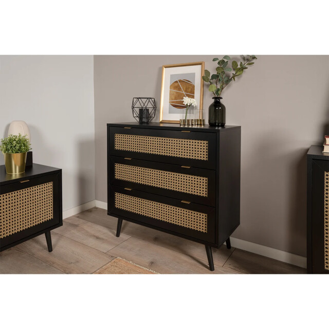 CaliCosy Ladenkast 3 lades drukwerk riet en zwart l80 x h80 cm villa 2930020 large