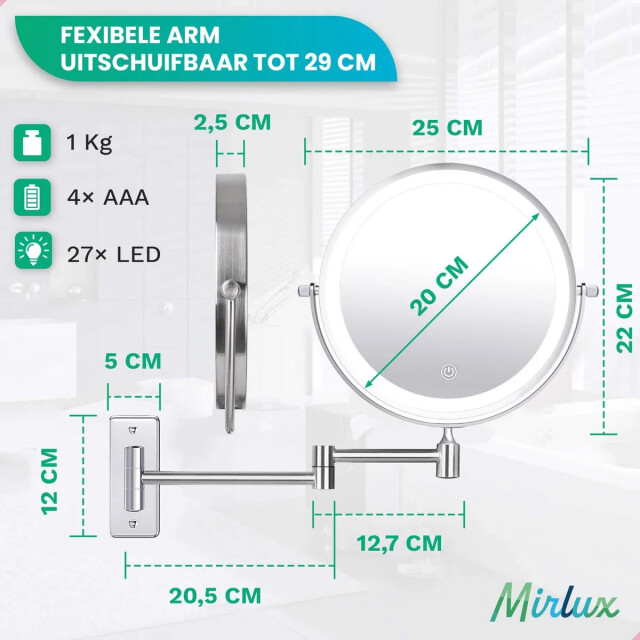 Mirlux Make-up spiegel batterij chroom 1-5x vergroting 3083715 large