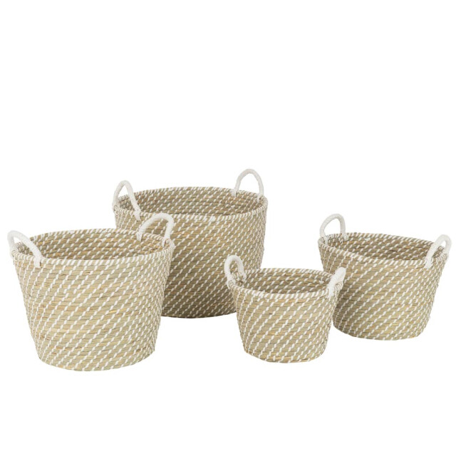J-Line Mand rond handvatten stro naturel-wit (4-delig) 33243 large