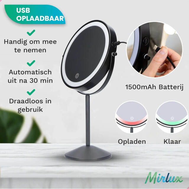 Mirlux Make-up spiegel oplaadbaar zwart 1-10x vergroting 3083711 large