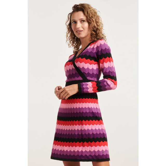 Smashed Lemon 23831 paarse multi zigzag print v-hals jurk | 23831-998-L large