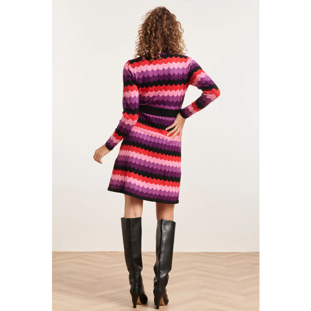 Smashed Lemon 23831 paarse multi zigzag print v-hals jurk | 23831-998-L large