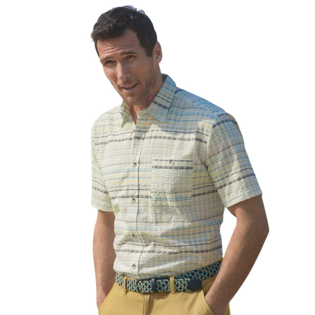 Atlas For Men Heren gestreept wafeloverhemd UTAF2055_ecrugreyturquoise large