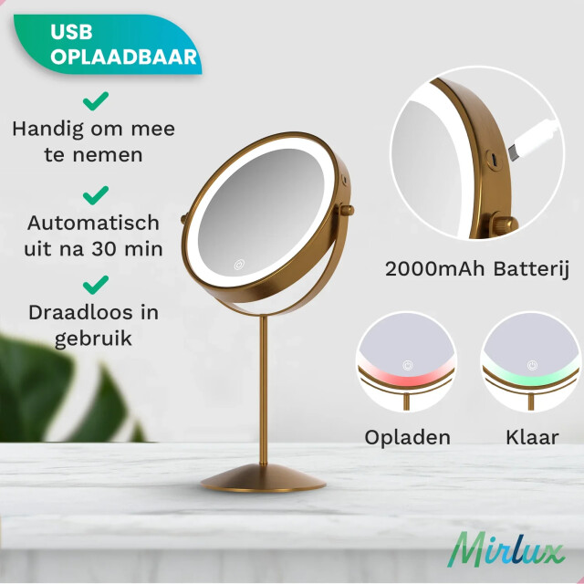 Mirlux Make-up spiegel oplaadbaar goud 1-10x vergroting 3180555 large