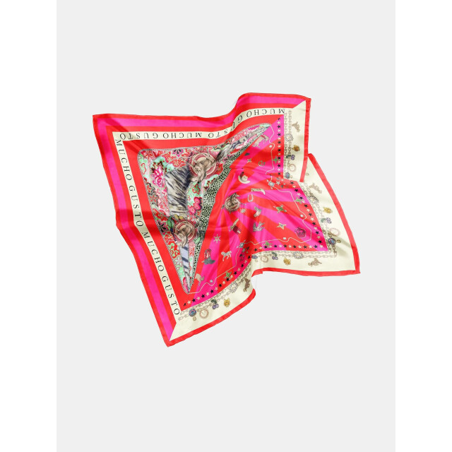 Mucho Gusto Zijden sjaal burano blauw met rood broches patchwork MUCHO GUSTO® Zijden Sjaal Burano Rood Fuchsia Western large