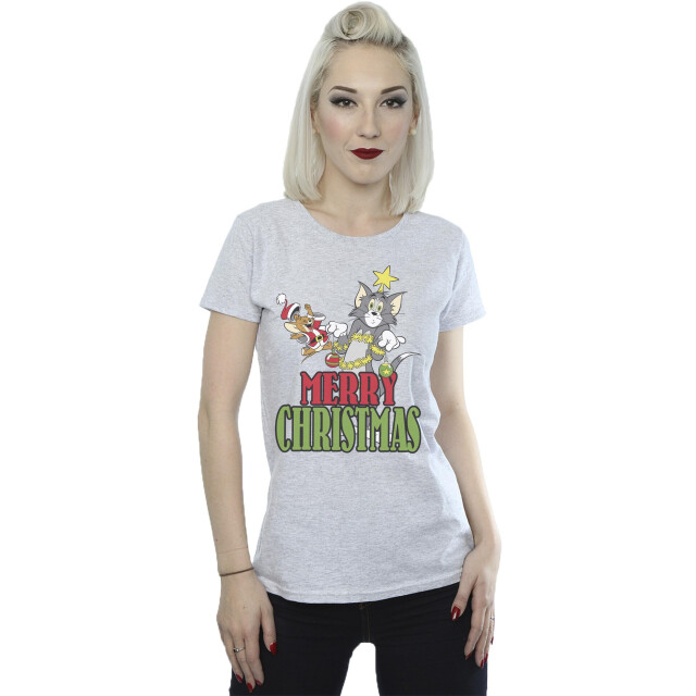 Li-cense Tom and jerry dames vrolijk kerstballen katoenen t-shirt UTBI43784_sportsgrey large