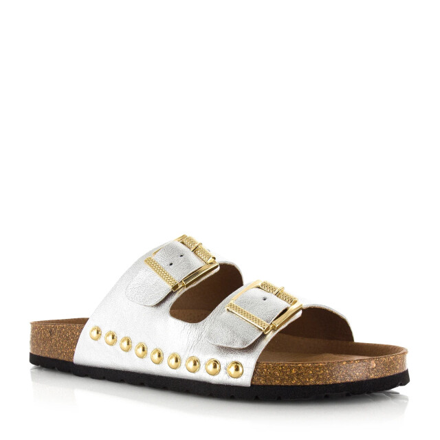 DWRS Label Dwrs malibu metallic leer | sil slippers met gesp dames S2714-01 large
