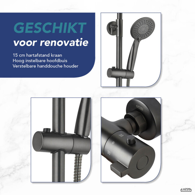 Luzzo ® pvd regendouche gunmetal met thermostaatkraan 25cm 3181921 large