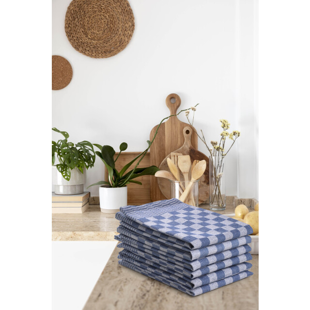 DoubleDry Theedoeken set 12 stuks 50x70 cm 100% katoen blokpatroon - 2826016 large