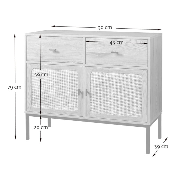CaliCosy 2 deurs 2 lades ladekast met rotan caning l90cm 2929855 large
