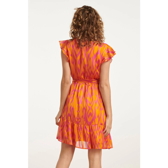 Smashed Lemon 25075 orange aztec print chiffon frilly jurk | 25075-250-420 large