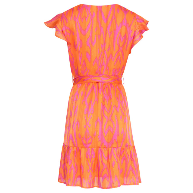 Smashed Lemon 25075 orange aztec print chiffon frilly jurk | 25075-250-420 large