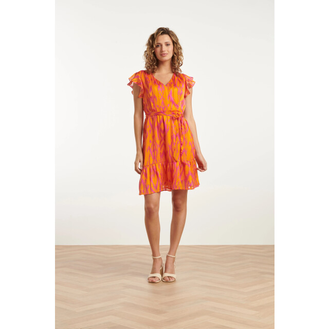 Smashed Lemon 25075 orange aztec print chiffon frilly jurk | 25075-250-420 large