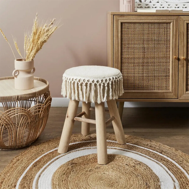 WDMT Handgemaakte houten kruk bohemian stijl met macramé zitting Ø 28 x 40 cm 3192522 large