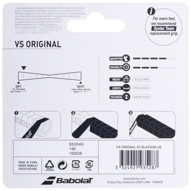 Babolat Orginal feel racket overgrip (set van 3) UTMR2350_blackyellow large