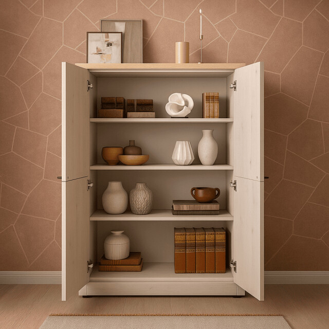 CaliCosy Hoge dressoir met 4 deuren, decor eiken cadiz en meringuewit h160 cm country 3042329 large