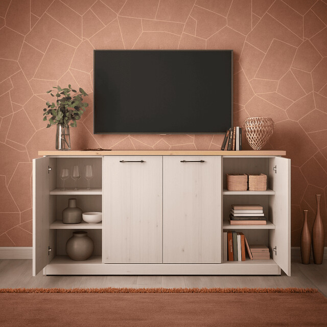 CaliCosy Dressoir met 4 deuren, decor eiken cadiz en meringuewit l211 cm country 3042535 large