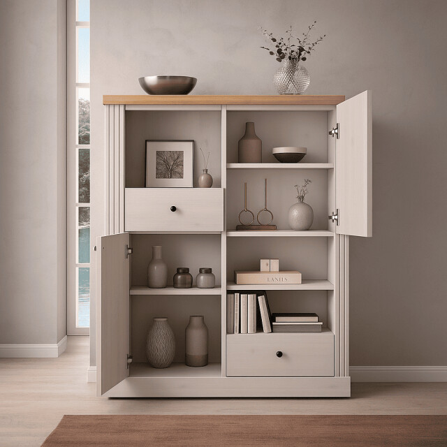 CaliCosy Hoge dressoir met 2 deuren, 2 laden en 3 nissen h160 cm country 3042328 large