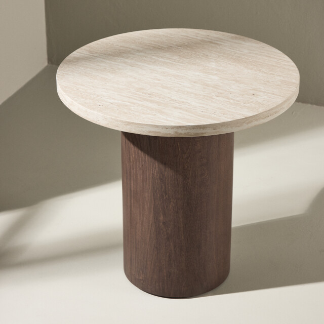 Nest living Jente ronde houten bijzettafel donkerbruin met travertine tafelblad- Ø 50 cm 3195766 large