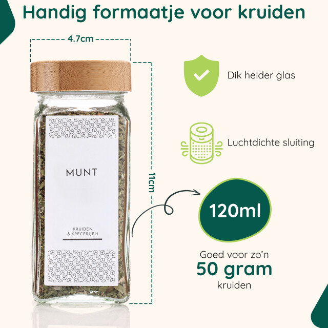 Xivada Glazen kruidenpotjes vierkant stickers bamboe 48 stuks 3193624 large