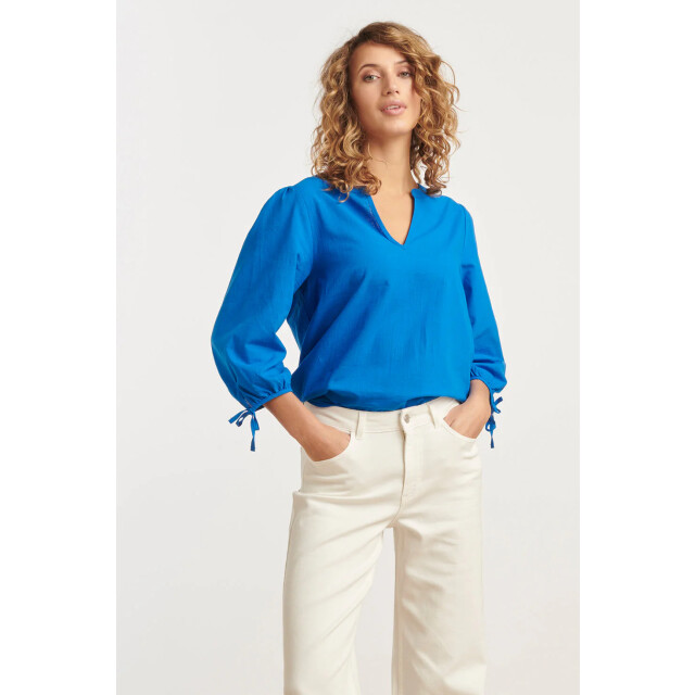 Smashed Lemon 25178 cobalt linnen top met v-hals | 25178-650-XXL large