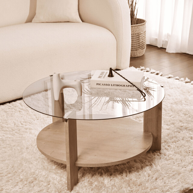 CaliCosy Salontafel met 2 bladen, waarvan één van gerookt gehard glas Ø75 cm clara 3196919 large