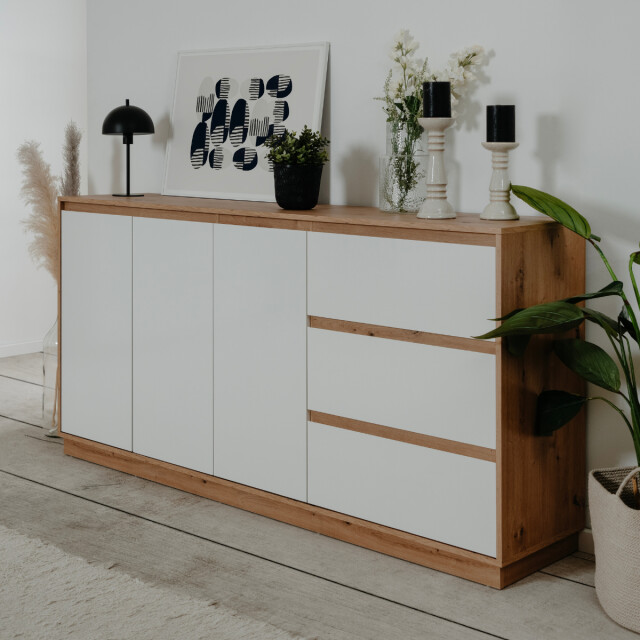 CaliCosy Dressoir met 3 deuren en 3 lades, decor hoogglans wit en artisan eik, 178 cm 3197142 large