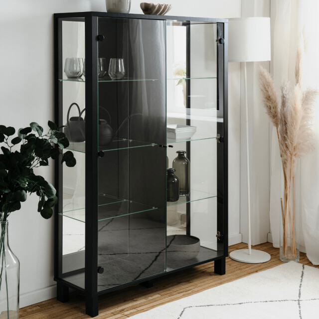 CaliCosy Vitrinekast met 2 glazen deuren en 6 zwarte glazen legplanken met 3197144 large