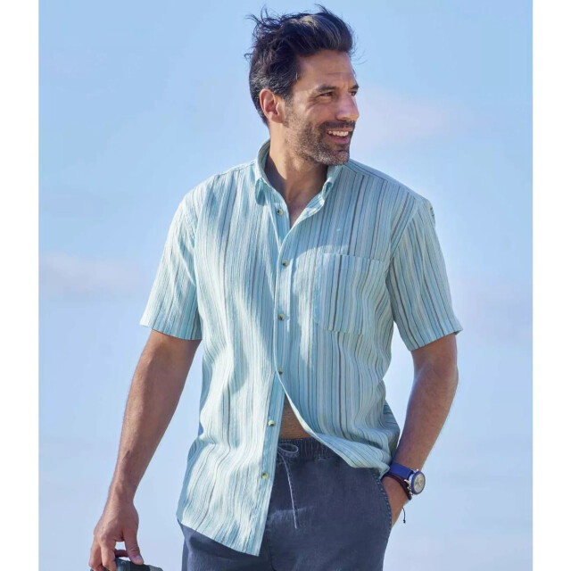 Atlas For Men Heren gestreept crêpe overhemd UTAF463_turquoise large