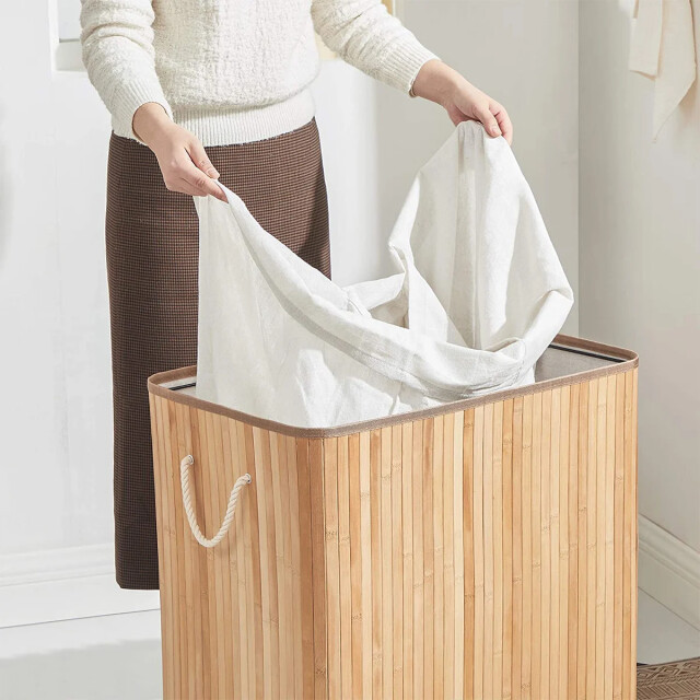 CaliCosy Wasmand van bamboe met 3 compartimenten, deksel en handvatten, 150l l60 x 2929406 large