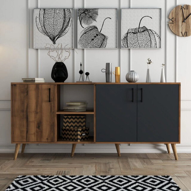 CaliCosy Buffet 2 nissen 3 deuren decor noten en antraciet grijs l180 cm exxen 2930405 large
