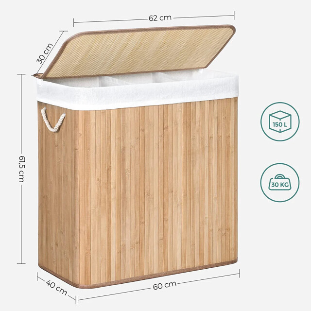 CaliCosy Wasmand van bamboe met 3 compartimenten, deksel en handvatten, 150l l60 x 2929406 large
