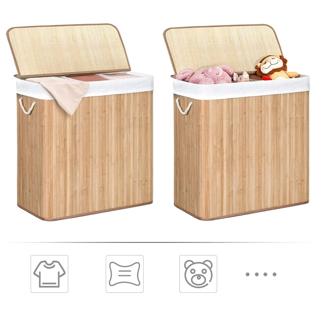 CaliCosy Wasmand van bamboe met 3 compartimenten, deksel en handvatten, 150l l60 x 2929406 large