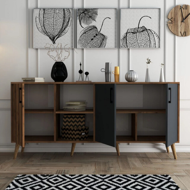 CaliCosy Buffet 2 nissen 3 deuren decor noten en antraciet grijs l180 cm exxen 2930405 large
