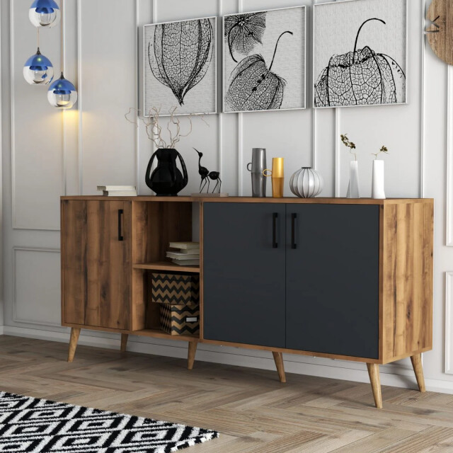 CaliCosy Buffet 2 nissen 3 deuren decor noten en antraciet grijs l180 cm exxen 2930405 large