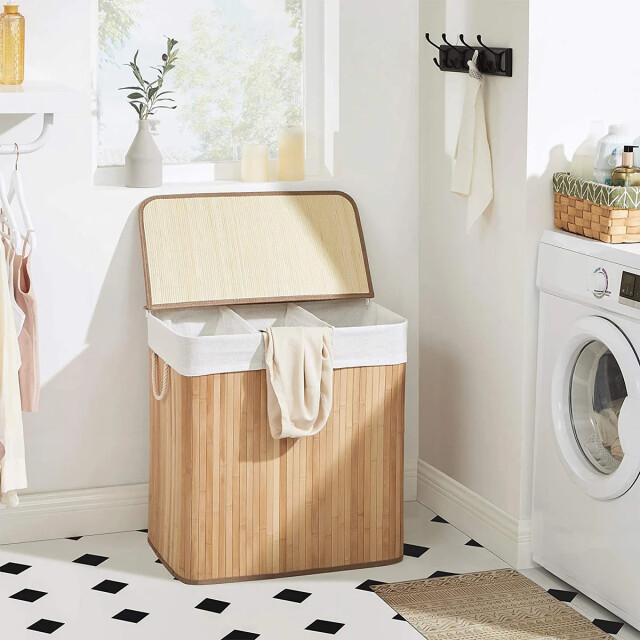 CaliCosy Wasmand van bamboe met 3 compartimenten, deksel en handvatten, 150l l60 x 2929406 large