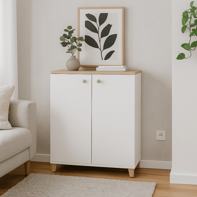 CaliCosy Kleine buffetkast met 2 openslaande deuren, eiken kronberg en wit decor l79,7 2930101 large