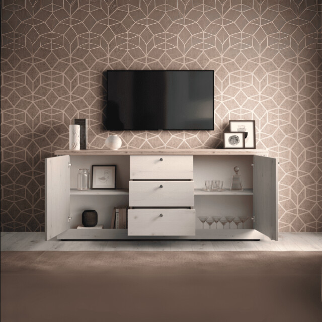 CaliCosy Dressoir met 2 deuren en 3 laden, decor eiken cadiz en meringuewit l211 cm - 3042534 large