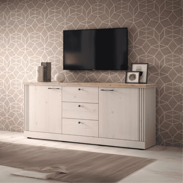 CaliCosy Dressoir met 2 deuren en 3 laden, decor eiken cadiz en meringuewit l211 cm - 3042534 large
