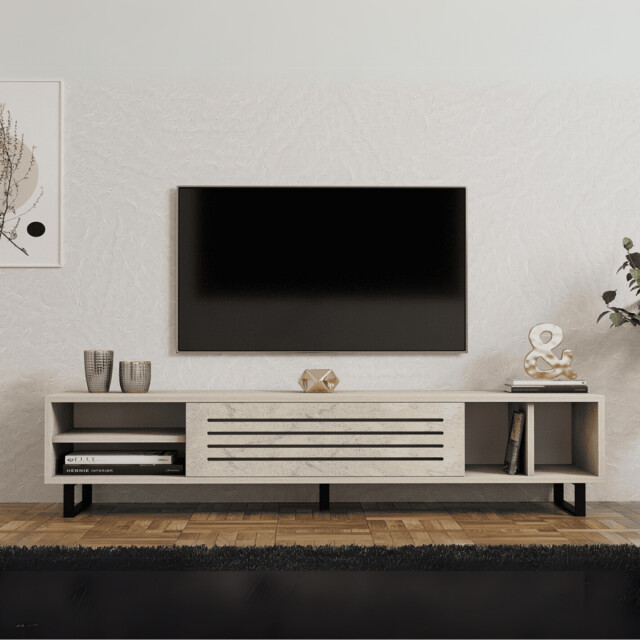 CaliCosy Tv-meubel met 1 klepdeur en 4 nissen, travertin decor l160 cm safir 3061544 large