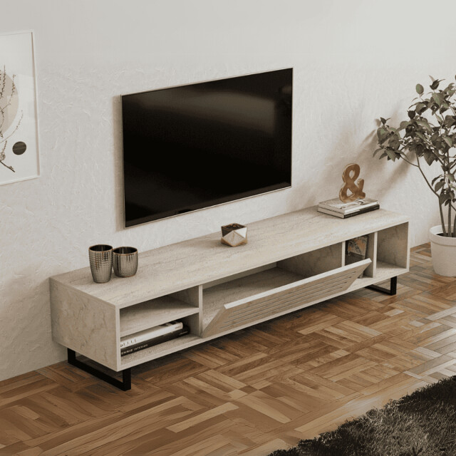 CaliCosy Tv-meubel met 1 klepdeur en 4 nissen, travertin decor l160 cm safir 3061544 large