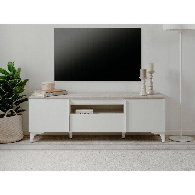 CaliCosy Tv-meubel met 2 deuren, 1 lade en 1 open vak, decor travertin en wit, 150 cm 3202266 large