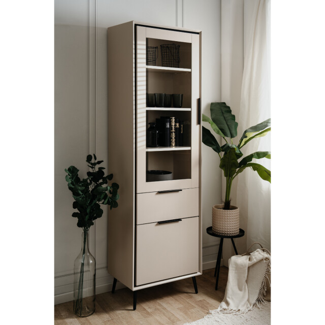 CaliCosy Hoog dressoir met 1 glazen deur, 1 deur en 1 lade, cappuccino en zwart, 60 cm 3197145 large