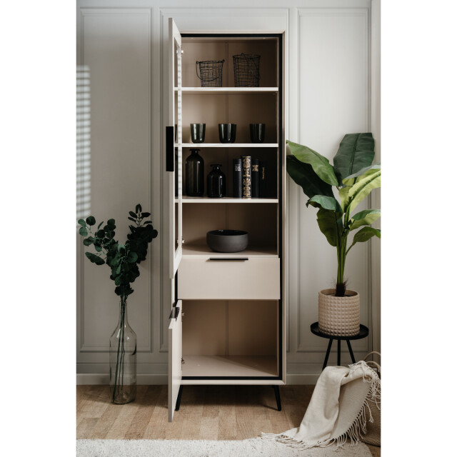 CaliCosy Hoog dressoir met 1 glazen deur, 1 deur en 1 lade, cappuccino en zwart, 60 cm 3197145 large